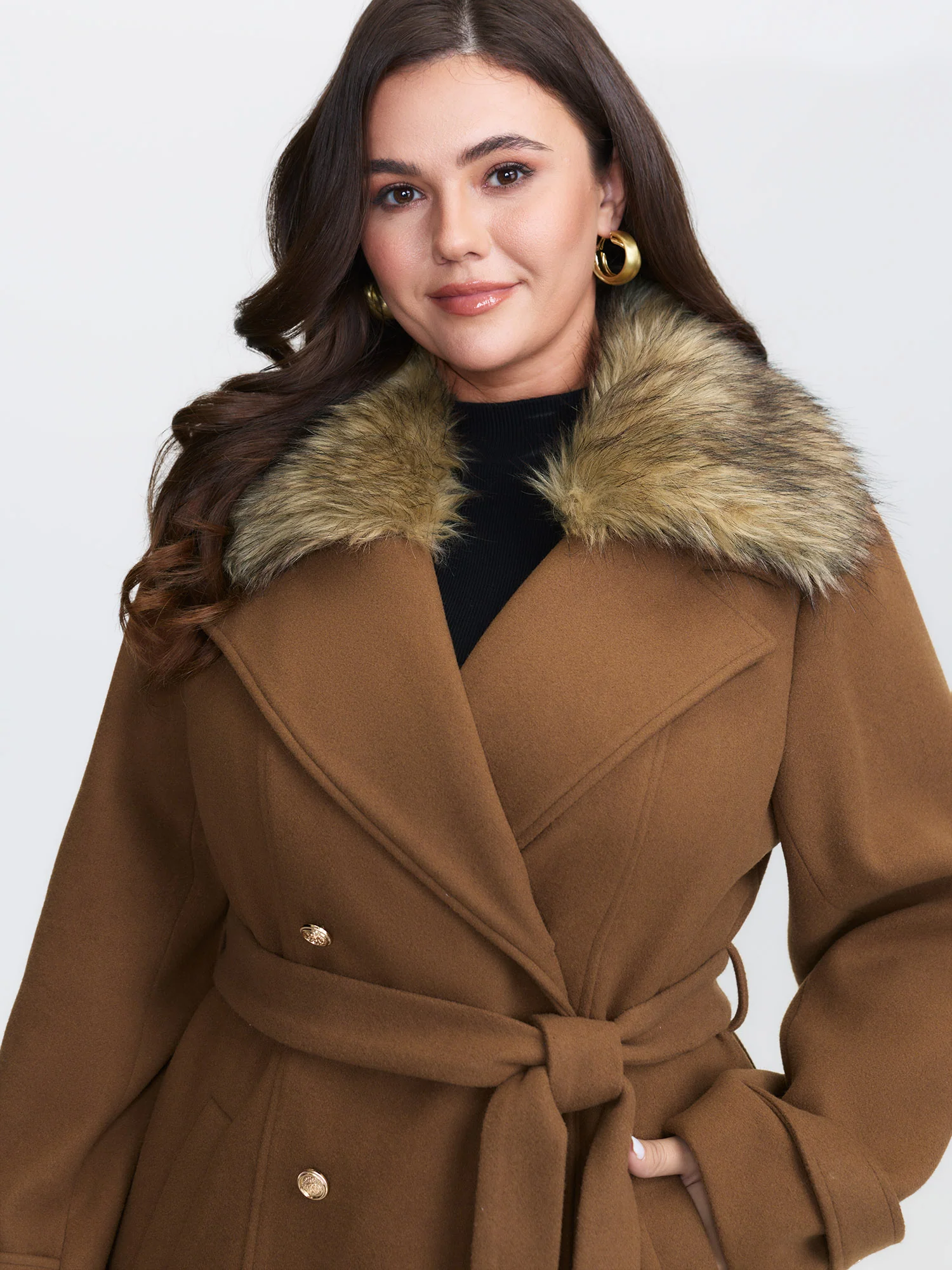 Detachable Fur Belted Cinched-Waist Coat - Image 3
