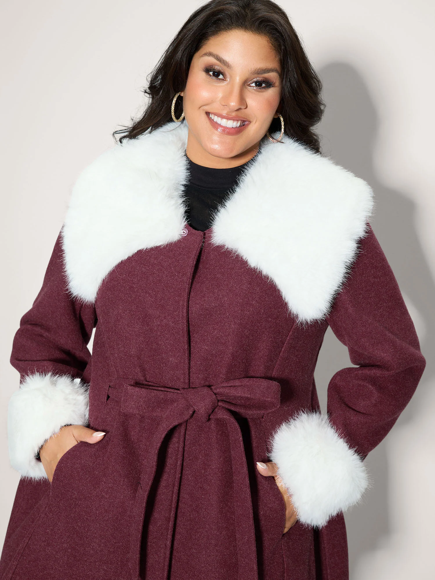 Detachable Fur Collar Waist-Tie Jacket - Image 2