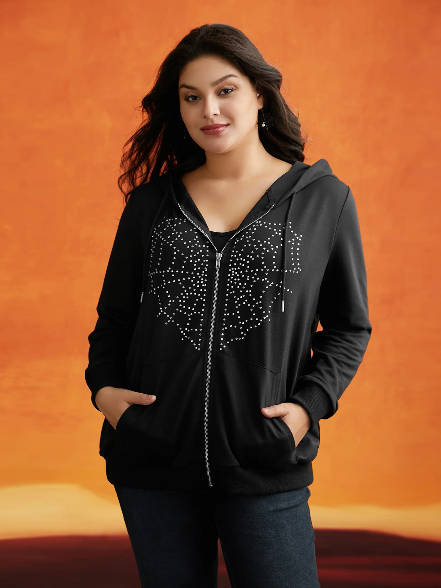 Diamond Embellished Spiderweb Zipper Sweatshirt - Image 2