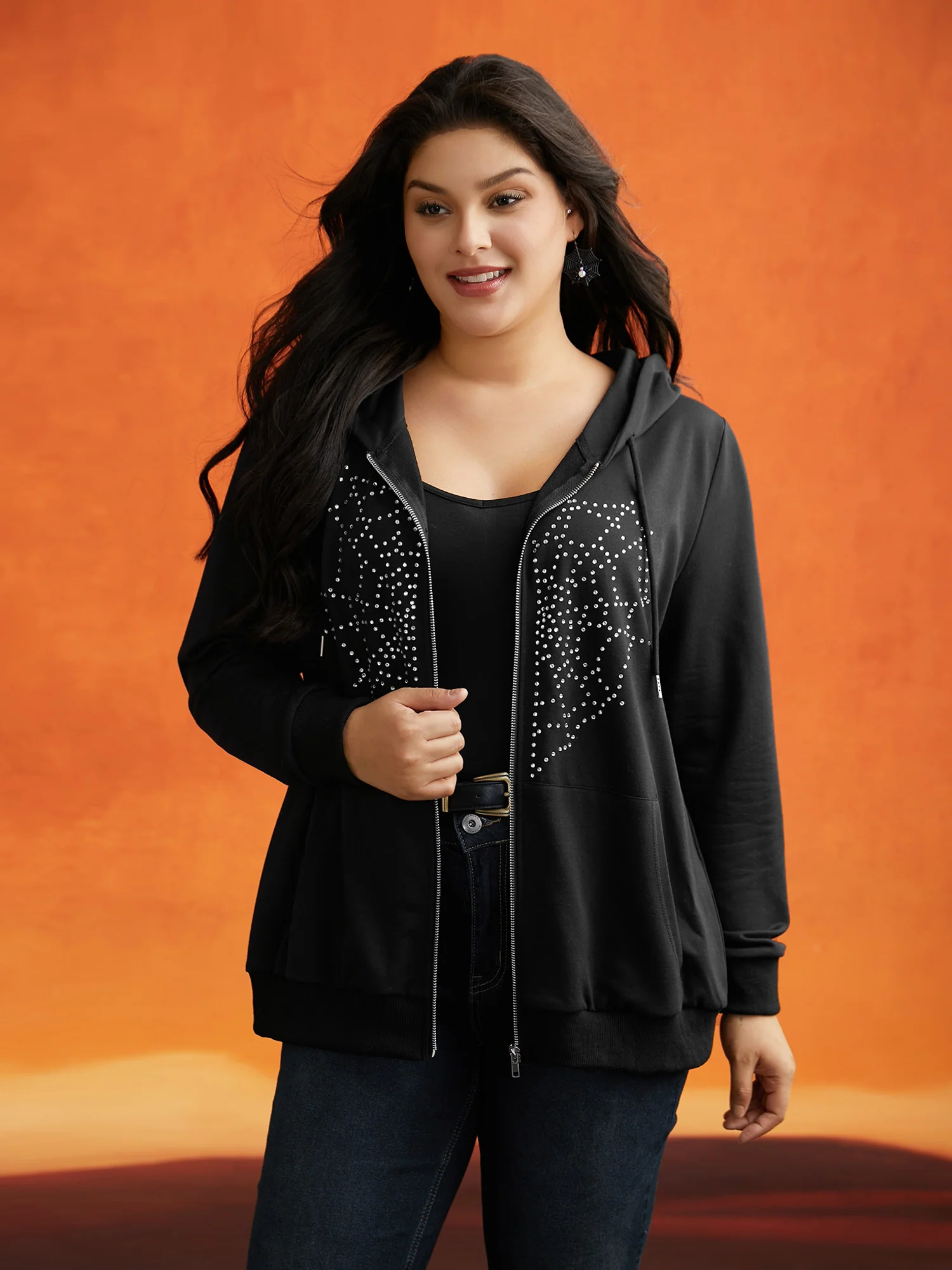 Diamond Embellished Spiderweb Zipper Sweatshirt - Image 3