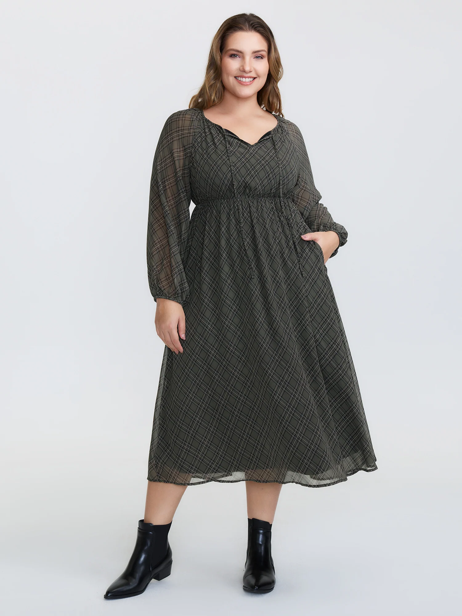 Diamond Print Neck Tie Midi Dress - Image 3