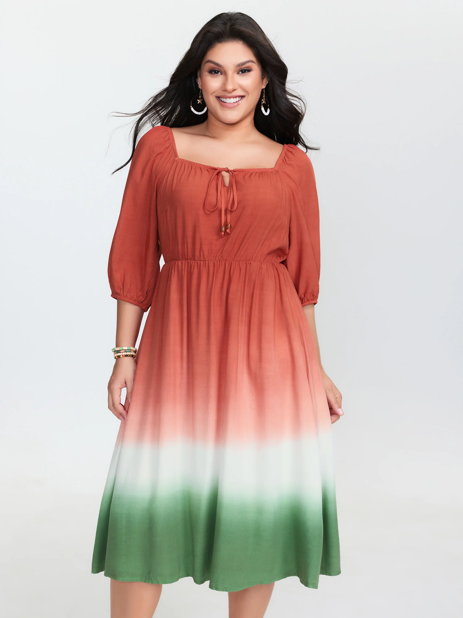 Dip Dyed Drawstring Neck Midi Dress