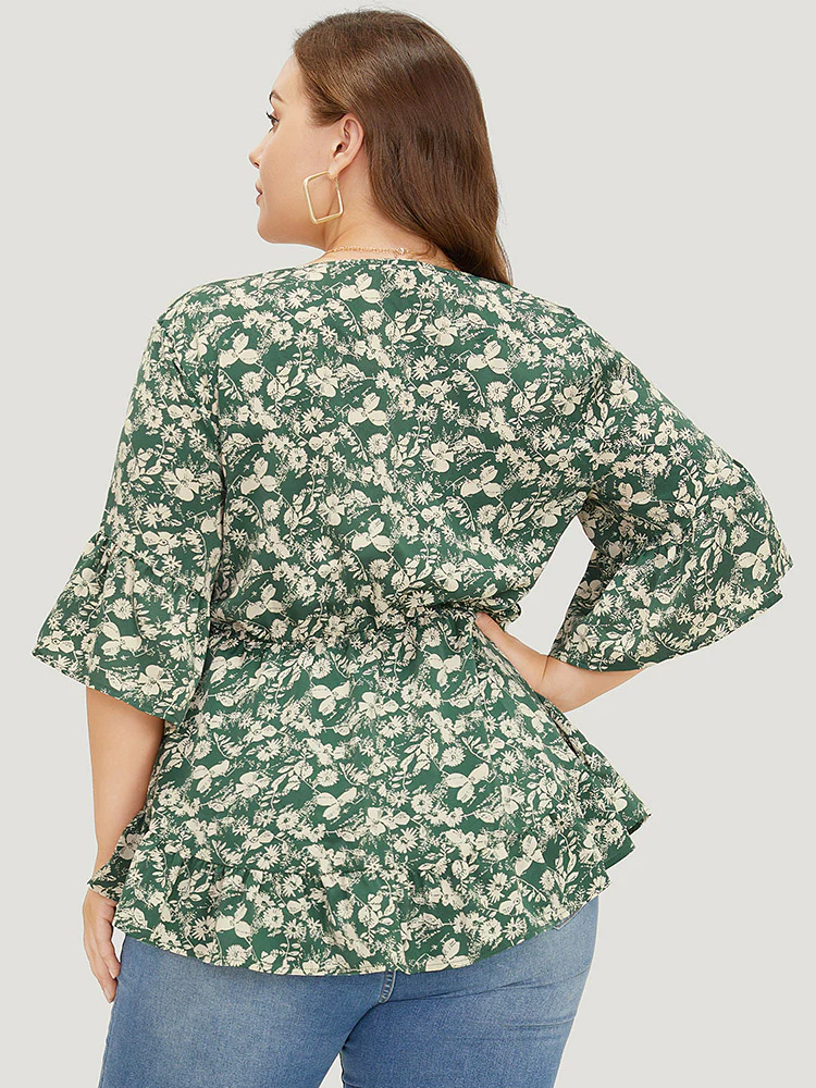 Ditsy Floral Bell Sleeve Flutter Hem Blouse - Image 2