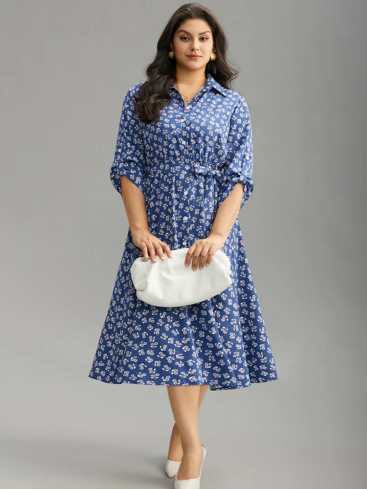 Ditsy Floral Belted Button Through Tab Sleeve Dress - Image 2
