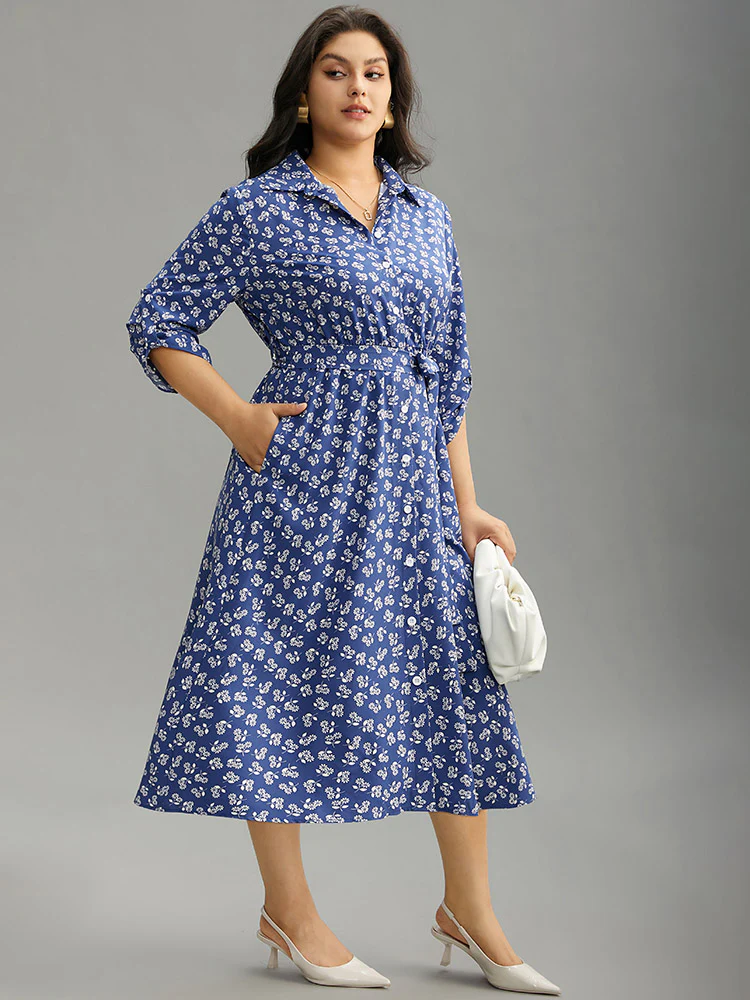 Ditsy Floral Belted Button Through Tab Sleeve Dress - Image 3