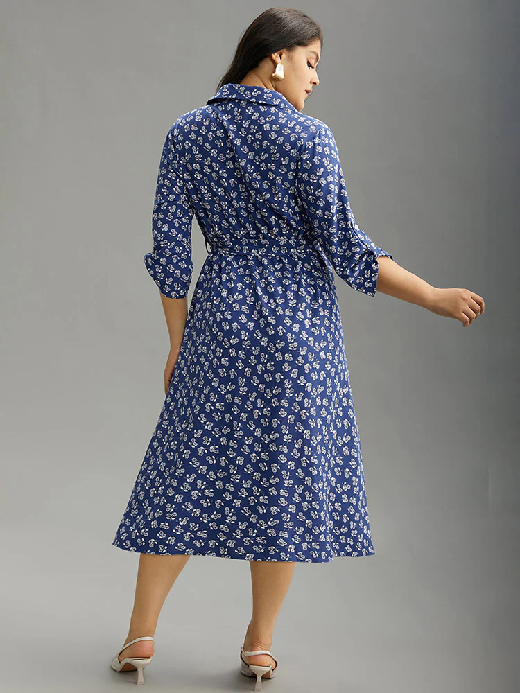 Ditsy Floral Belted Button Through Tab Sleeve Dress - Image 4