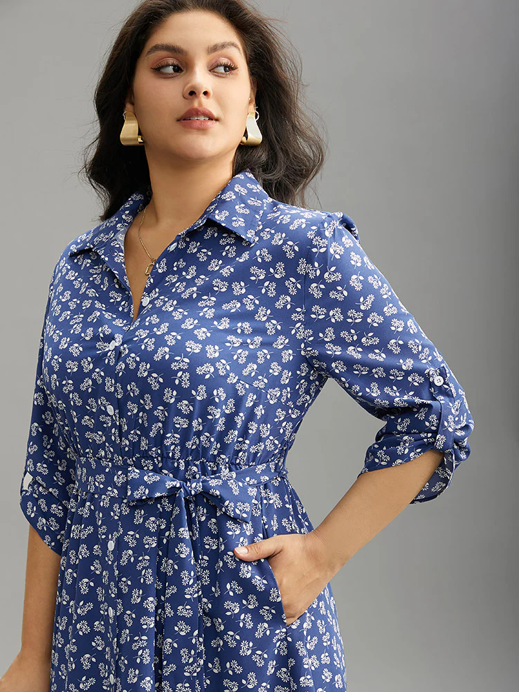 Ditsy Floral Belted Button Through Tab Sleeve Dress - Image 5