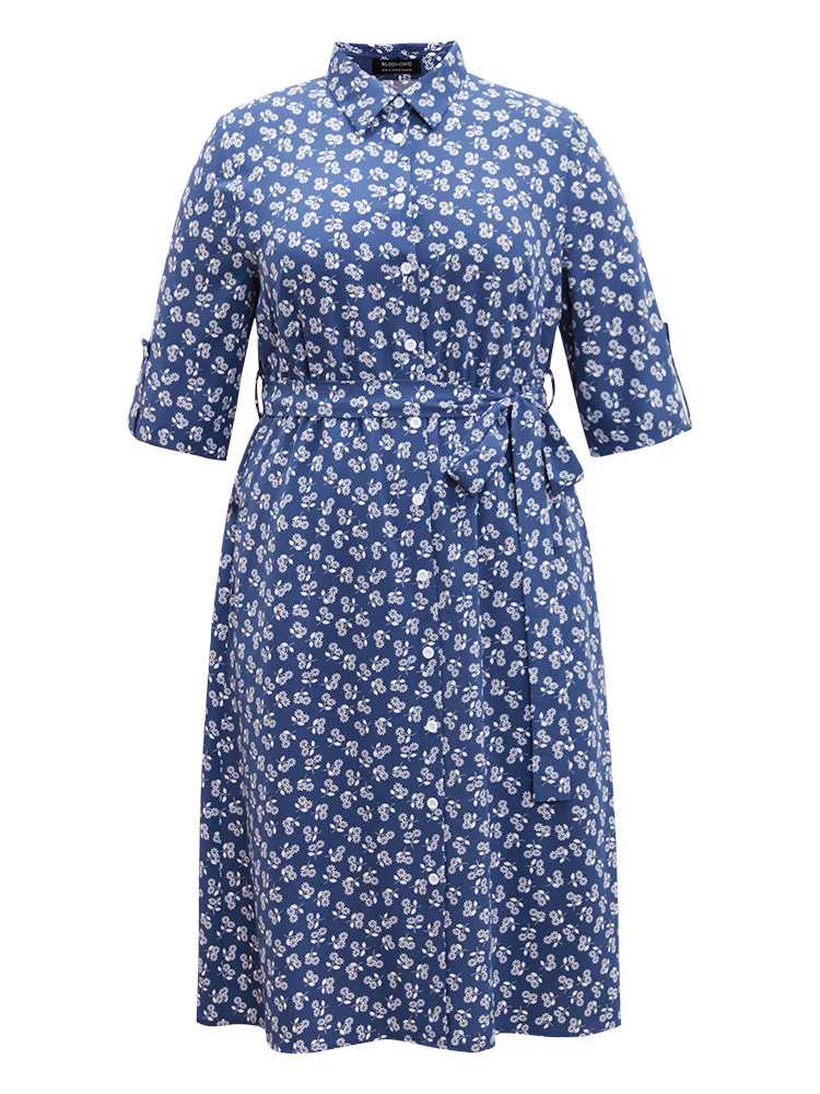 Ditsy Floral Belted Button Through Tab Sleeve Dress - Image 6