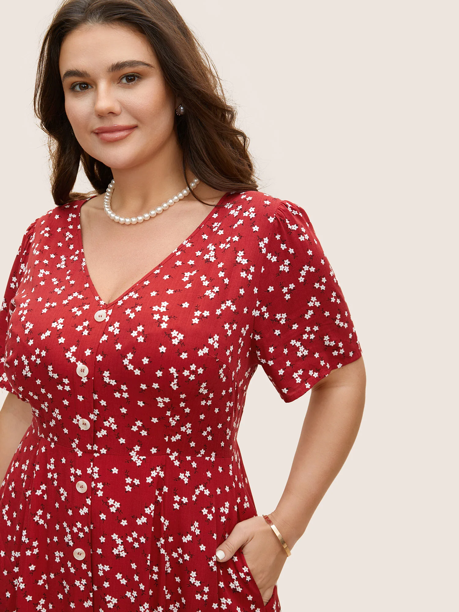 Ditsy Floral Button Detail Elastic Waist Midi Dress - Image 2