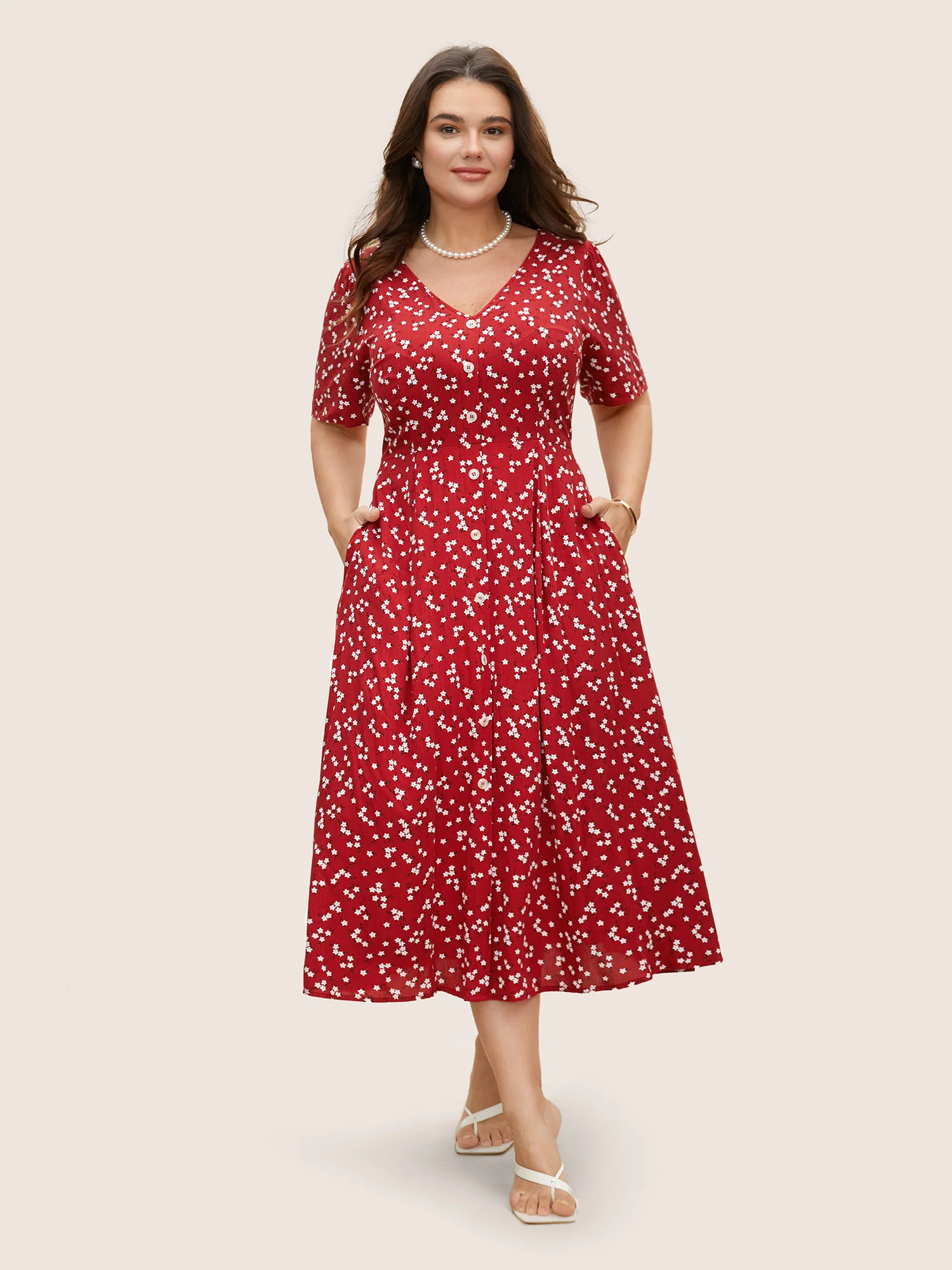 Ditsy Floral Button Detail Elastic Waist Midi Dress - Image 3