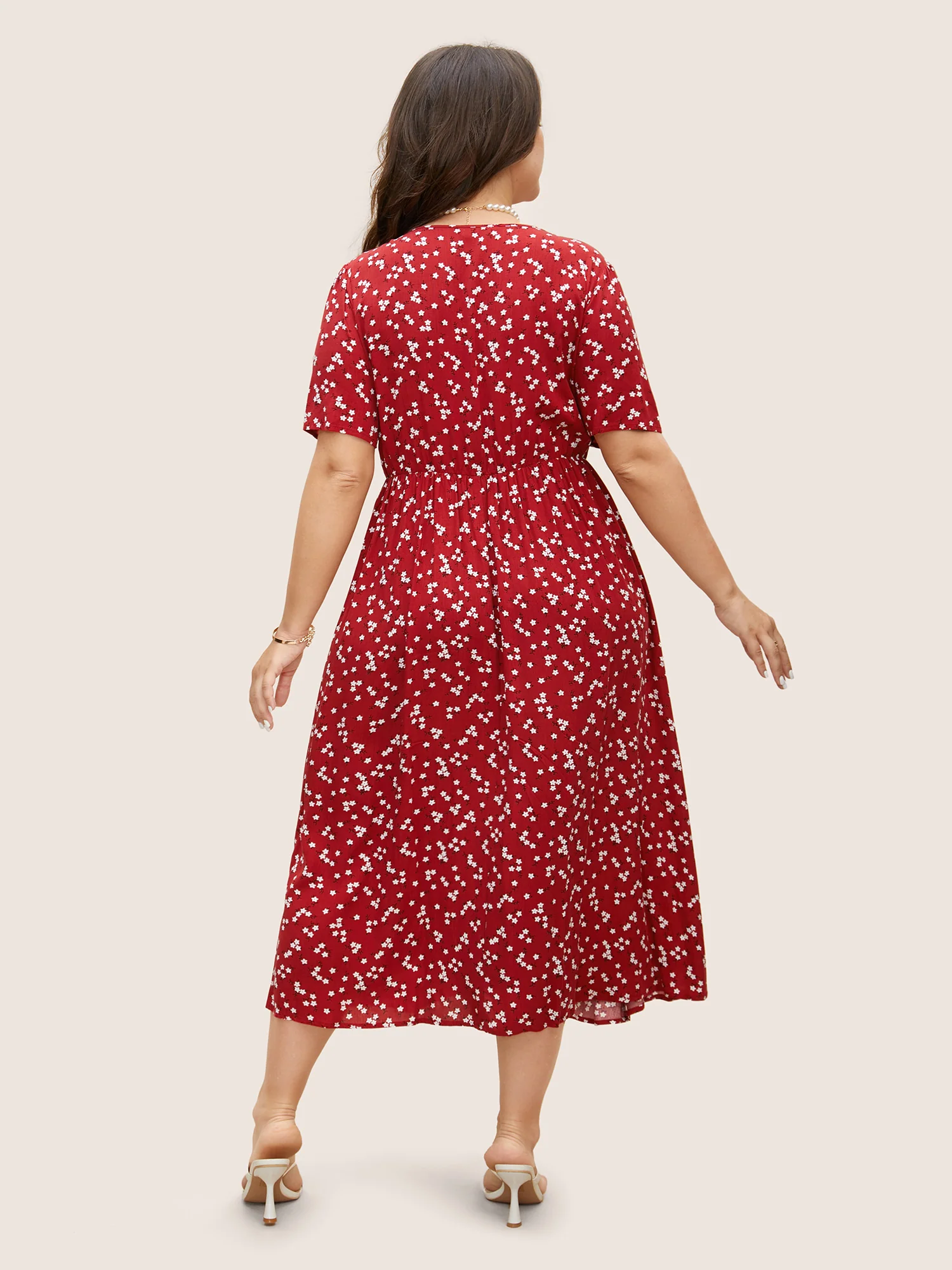 Ditsy Floral Button Detail Elastic Waist Midi Dress - Image 4