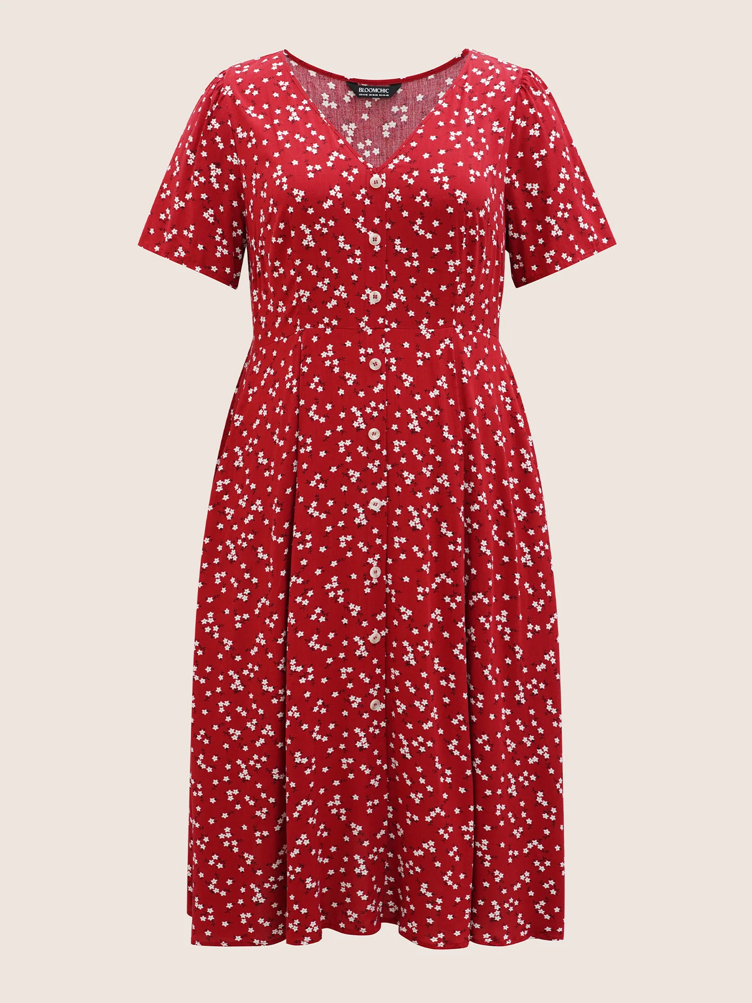 Ditsy Floral Button Detail Elastic Waist Midi Dress - Image 7