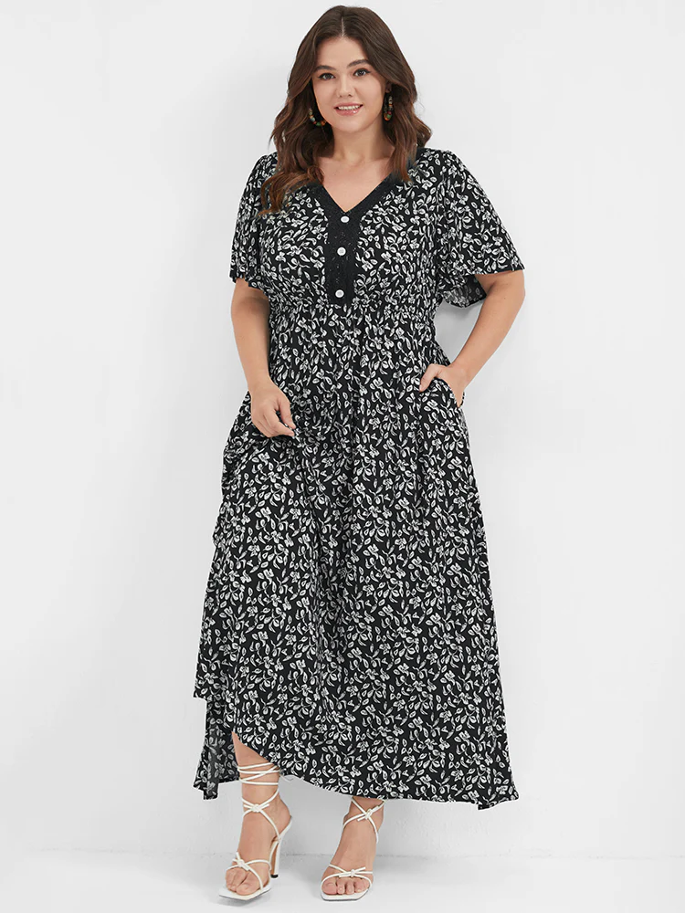 Ditsy Floral Button Lace Pocket Split Ruffles Maxi Dress - Image 2