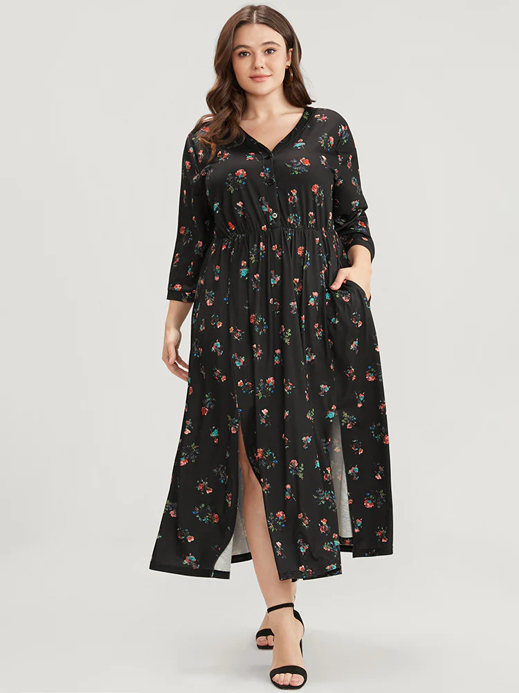Ditsy Floral Button Up Pocket Split Hem Dress - Image 2