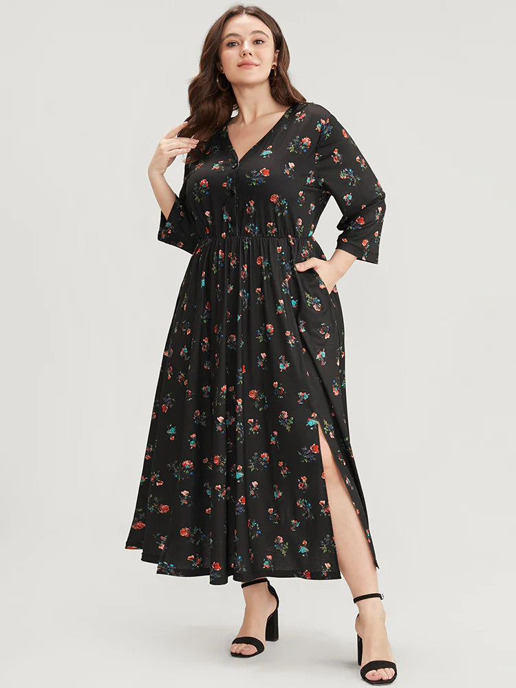 Ditsy Floral Button Up Pocket Split Hem Dress - Image 3