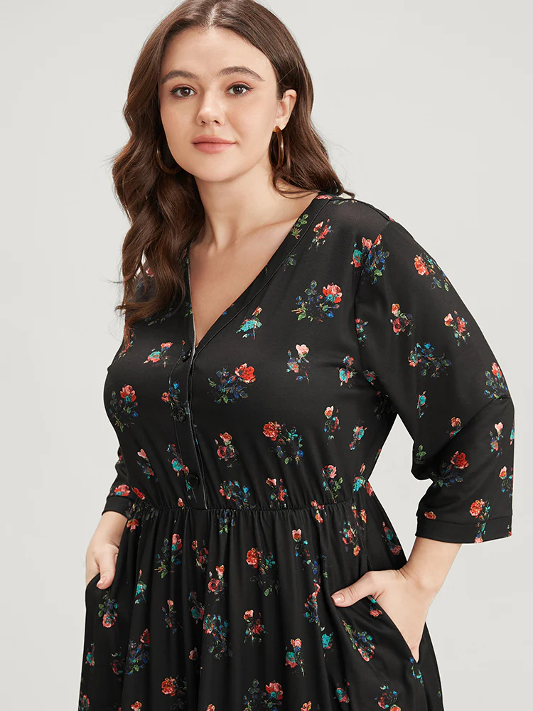 Ditsy Floral Button Up Pocket Split Hem Dress - Image 5
