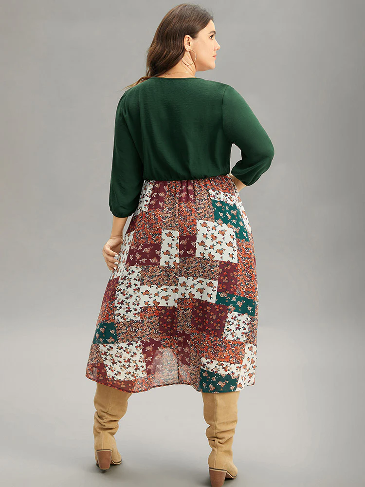 Ditsy Floral Colorblock Patchwork Lantern Sleeve Dress - Image 2