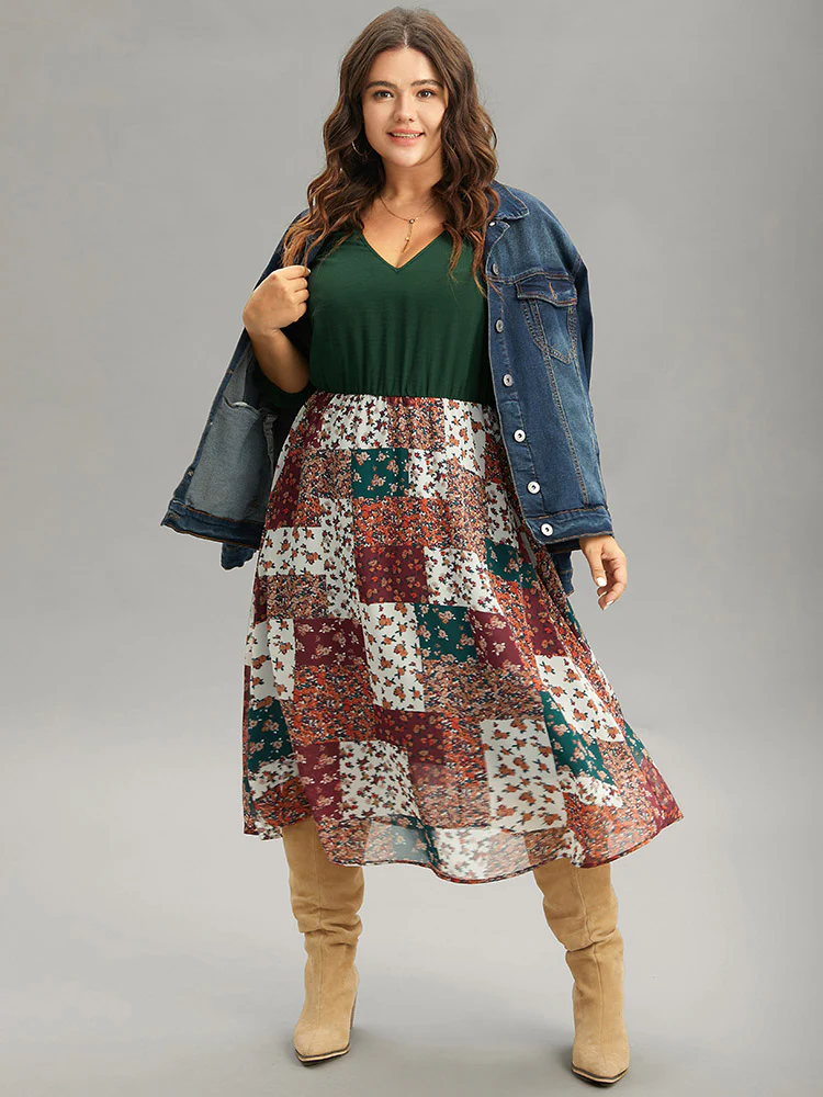 Ditsy Floral Colorblock Patchwork Lantern Sleeve Dress - Image 3