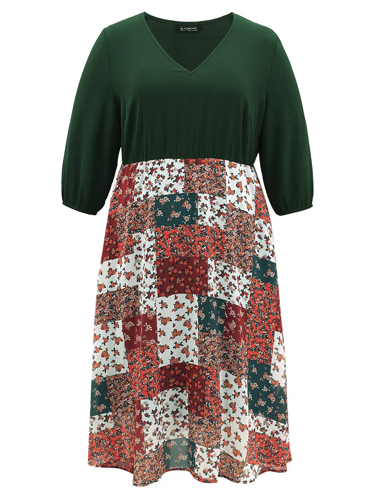Ditsy Floral Colorblock Patchwork Lantern Sleeve Dress - Image 5