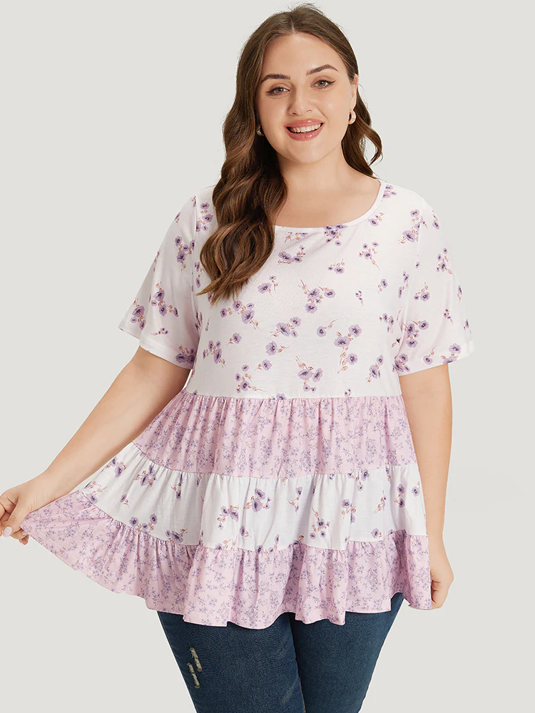 Ditsy Floral Contrast Ruffle Tiered T-shirt - Image 2
