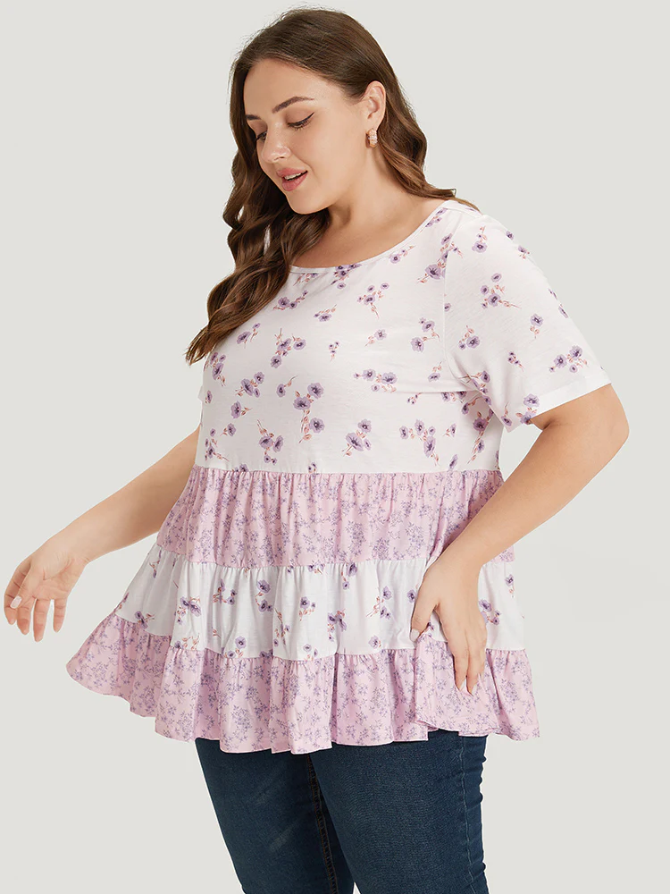 Ditsy Floral Contrast Ruffle Tiered T-shirt - Image 3