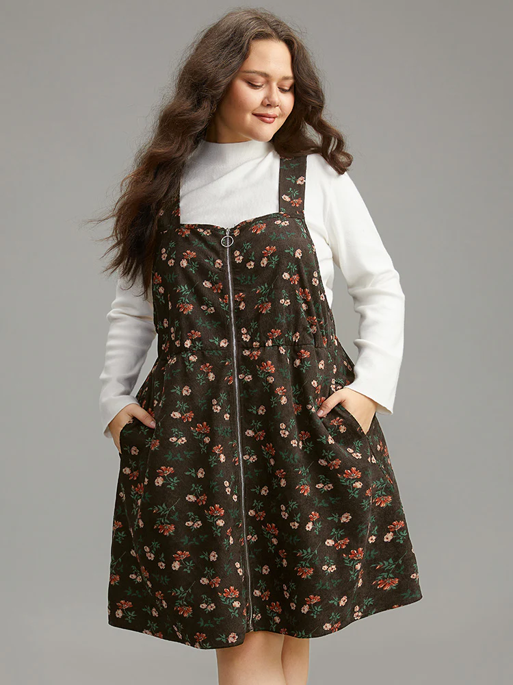 Ditsy Floral Corduroy Pocket Zipper Fly Cami Dress - Image 10