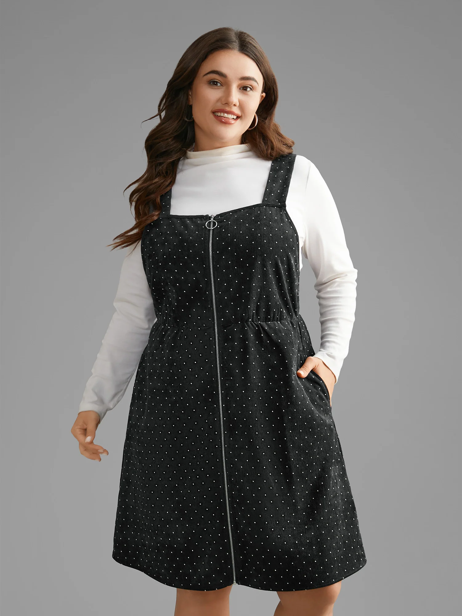 Ditsy Floral Corduroy Pocket Zipper Fly Cami Dress - Image 3