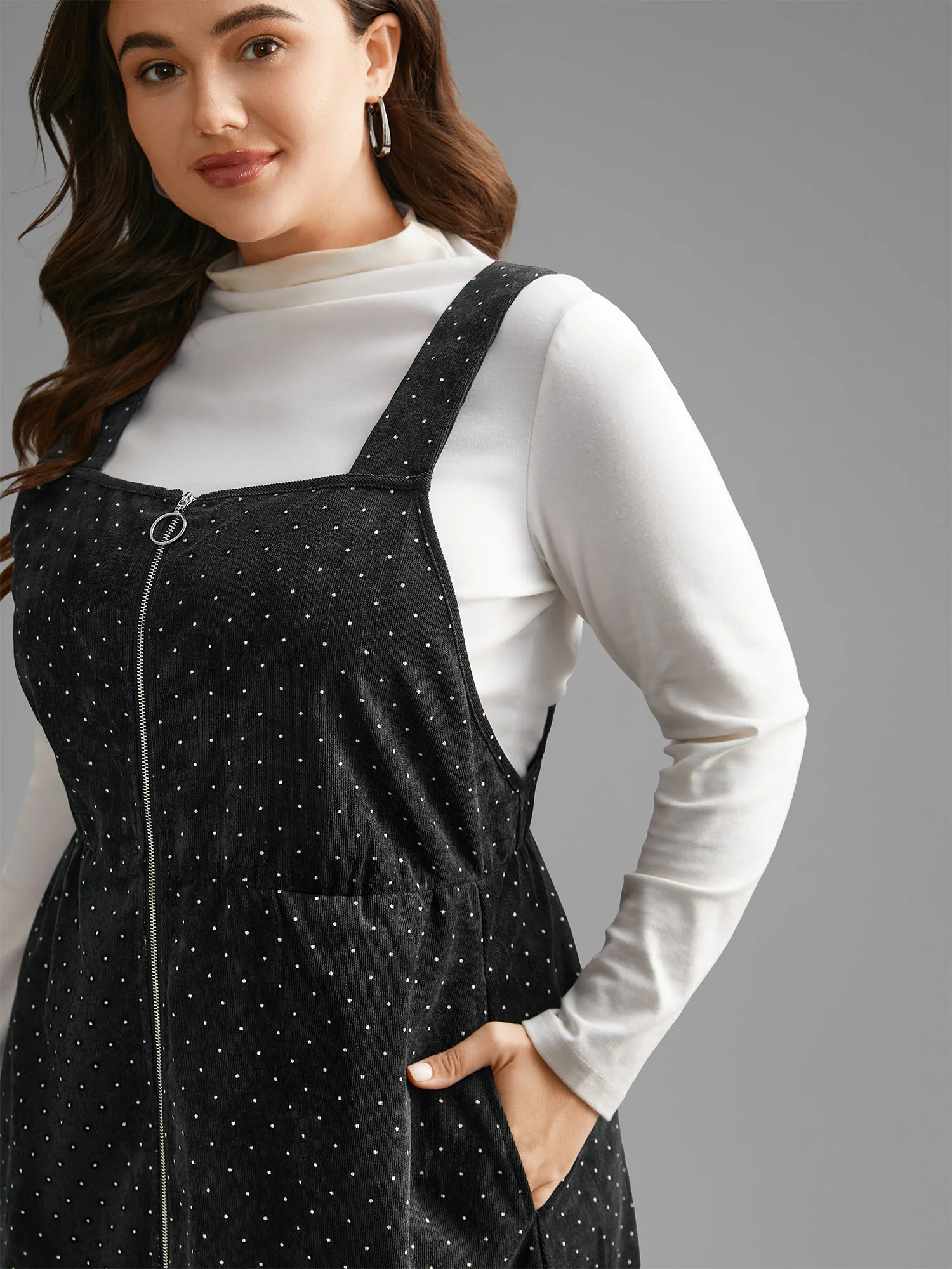 Ditsy Floral Corduroy Pocket Zipper Fly Cami Dress - Image 4