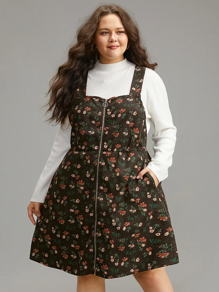 Ditsy Floral Corduroy Pocket Zipper Fly Cami Dress - Image 6