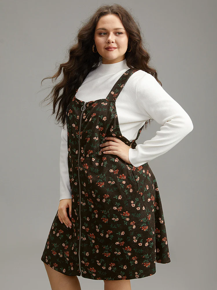 Ditsy Floral Corduroy Pocket Zipper Fly Cami Dress - Image 8