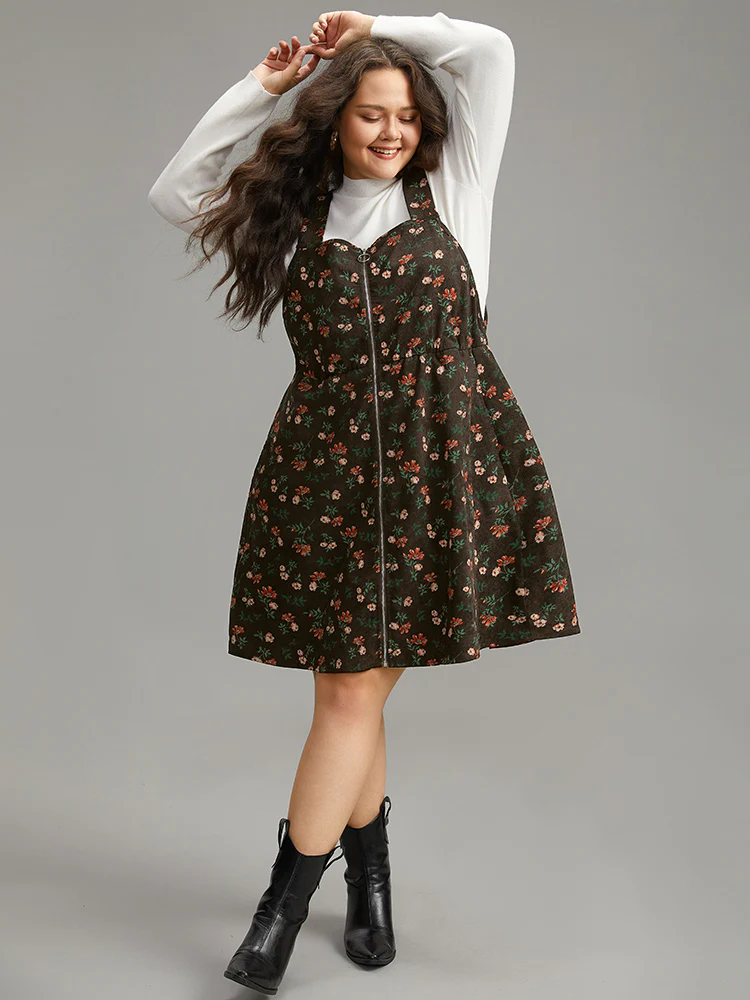 Ditsy Floral Corduroy Pocket Zipper Fly Cami Dress - Image 9
