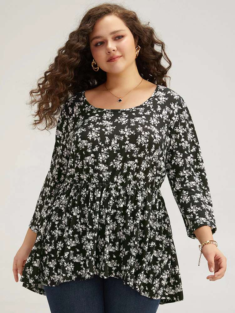 Ditsy Floral Crew Neck High Low Hem T-shirt - Image 2