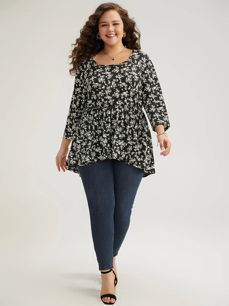 Ditsy Floral Crew Neck High Low Hem T-shirt - Image 5