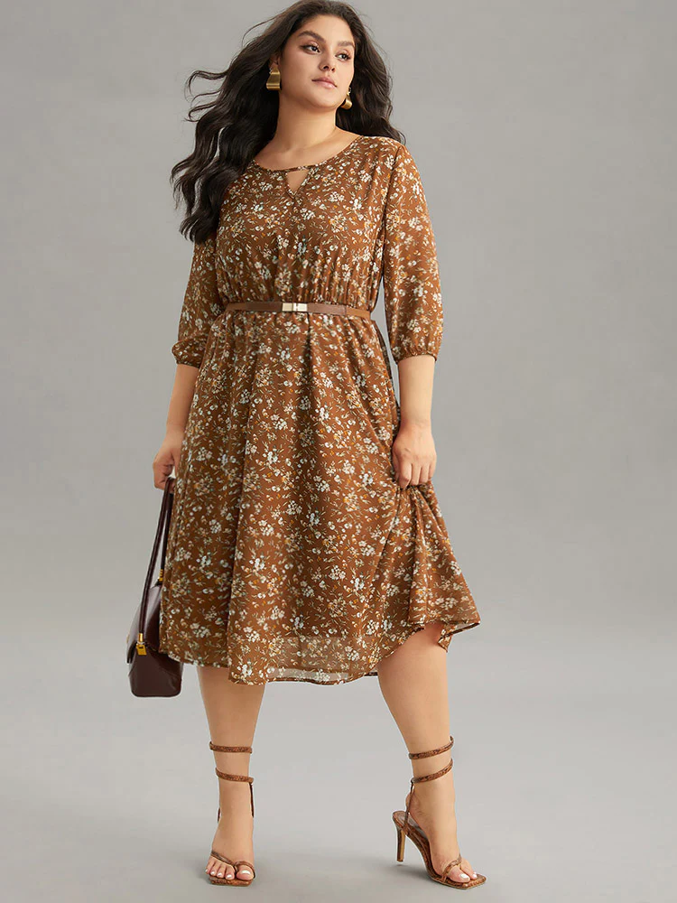 Ditsy Floral Cut Out Elastic Cuffs Dress - Image 2