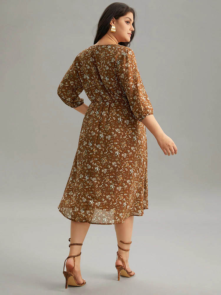 Ditsy Floral Cut Out Elastic Cuffs Dress - Image 3