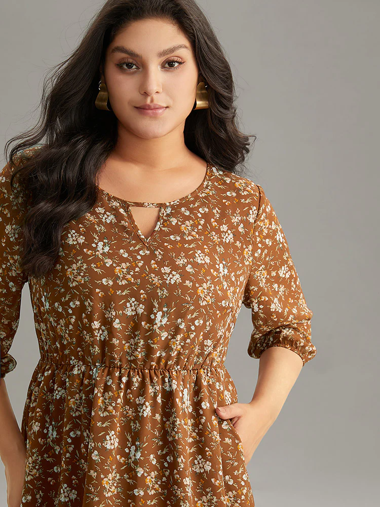 Ditsy Floral Cut Out Elastic Cuffs Dress - Image 4