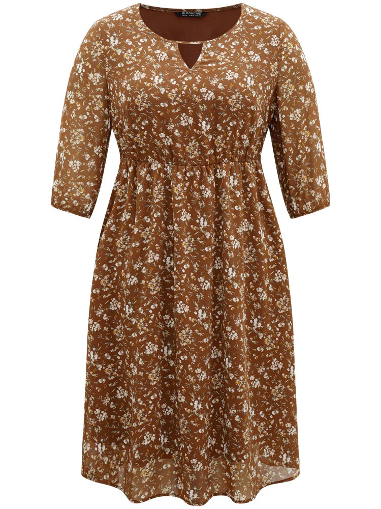 Ditsy Floral Cut Out Elastic Cuffs Dress - Image 5