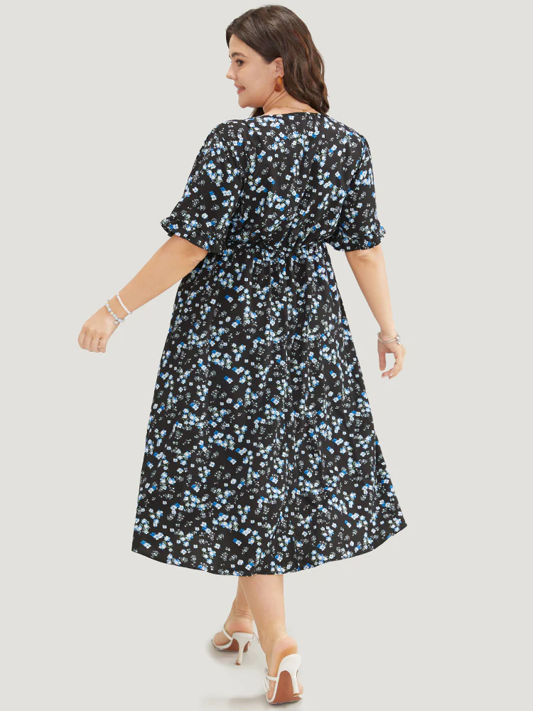 Ditsy Floral Dolman Sleeve Tassels Contrast Lace  Pocket Split Dress - Image 2