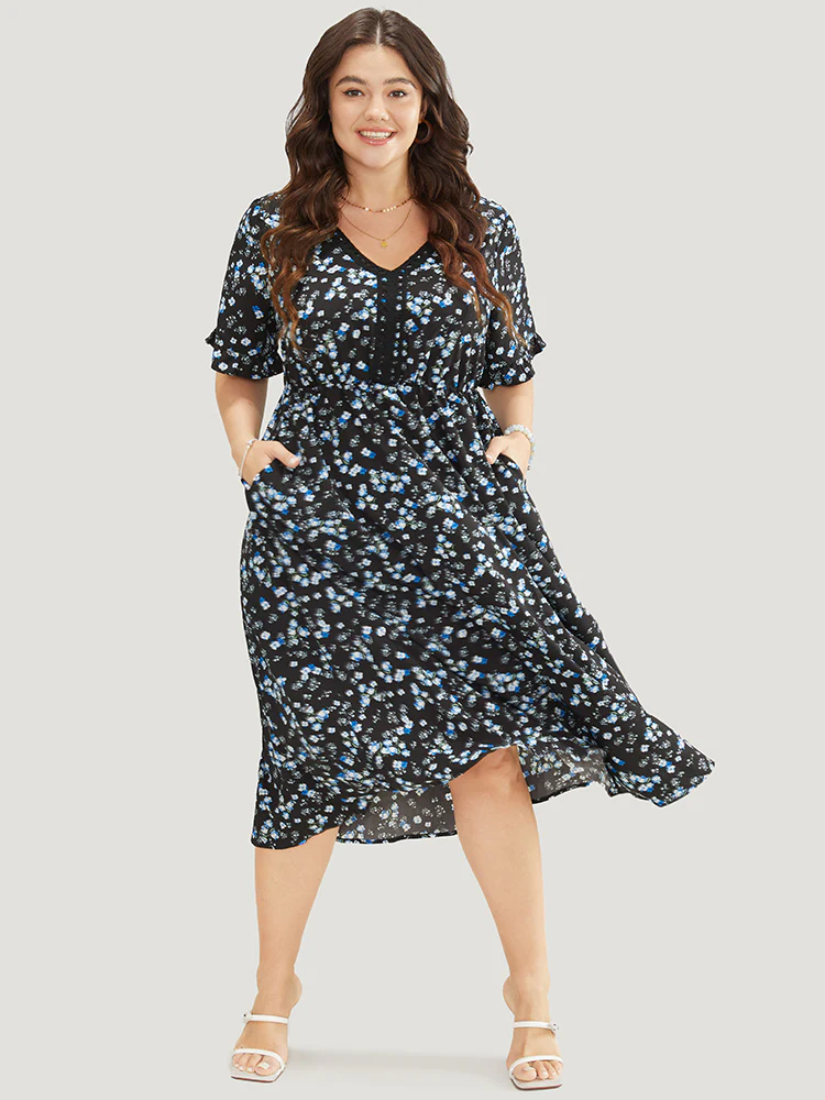 Ditsy Floral Dolman Sleeve Tassels Contrast Lace  Pocket Split Dress - Image 3