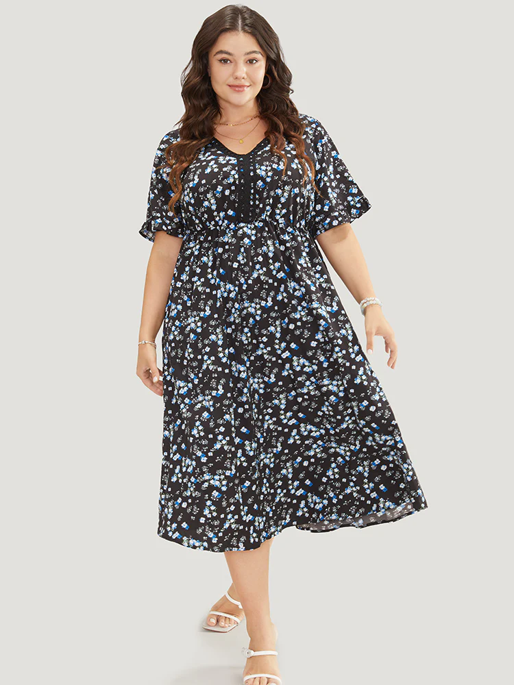 Ditsy Floral Dolman Sleeve Tassels Contrast Lace  Pocket Split Dress - Image 5