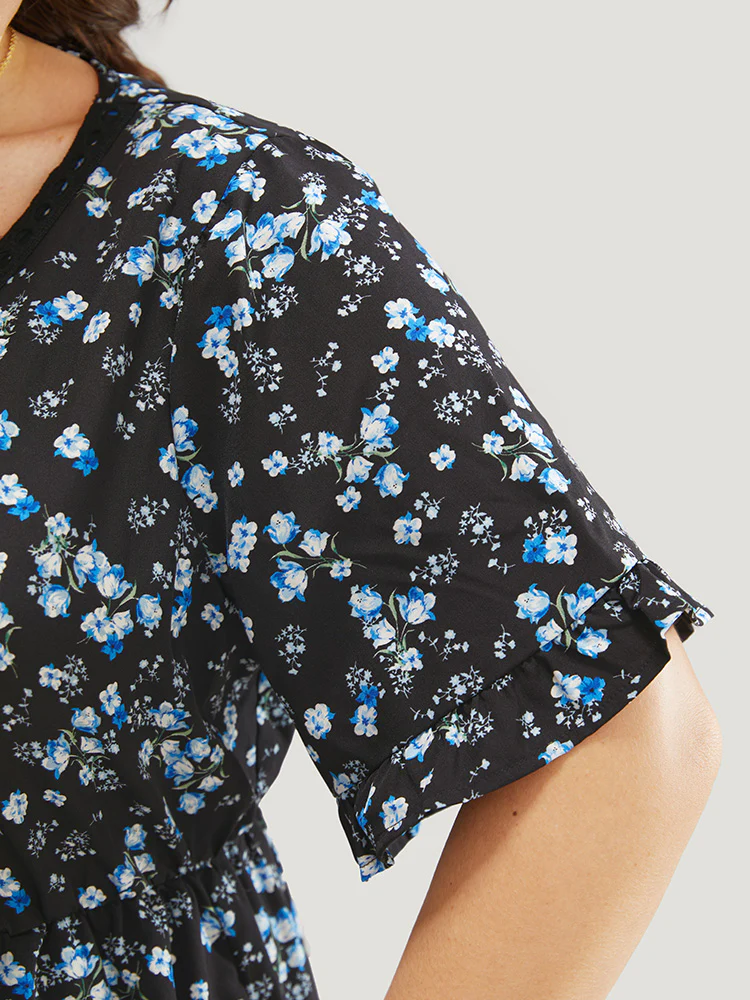 Ditsy Floral Dolman Sleeve Tassels Contrast Lace  Pocket Split Dress - Image 8