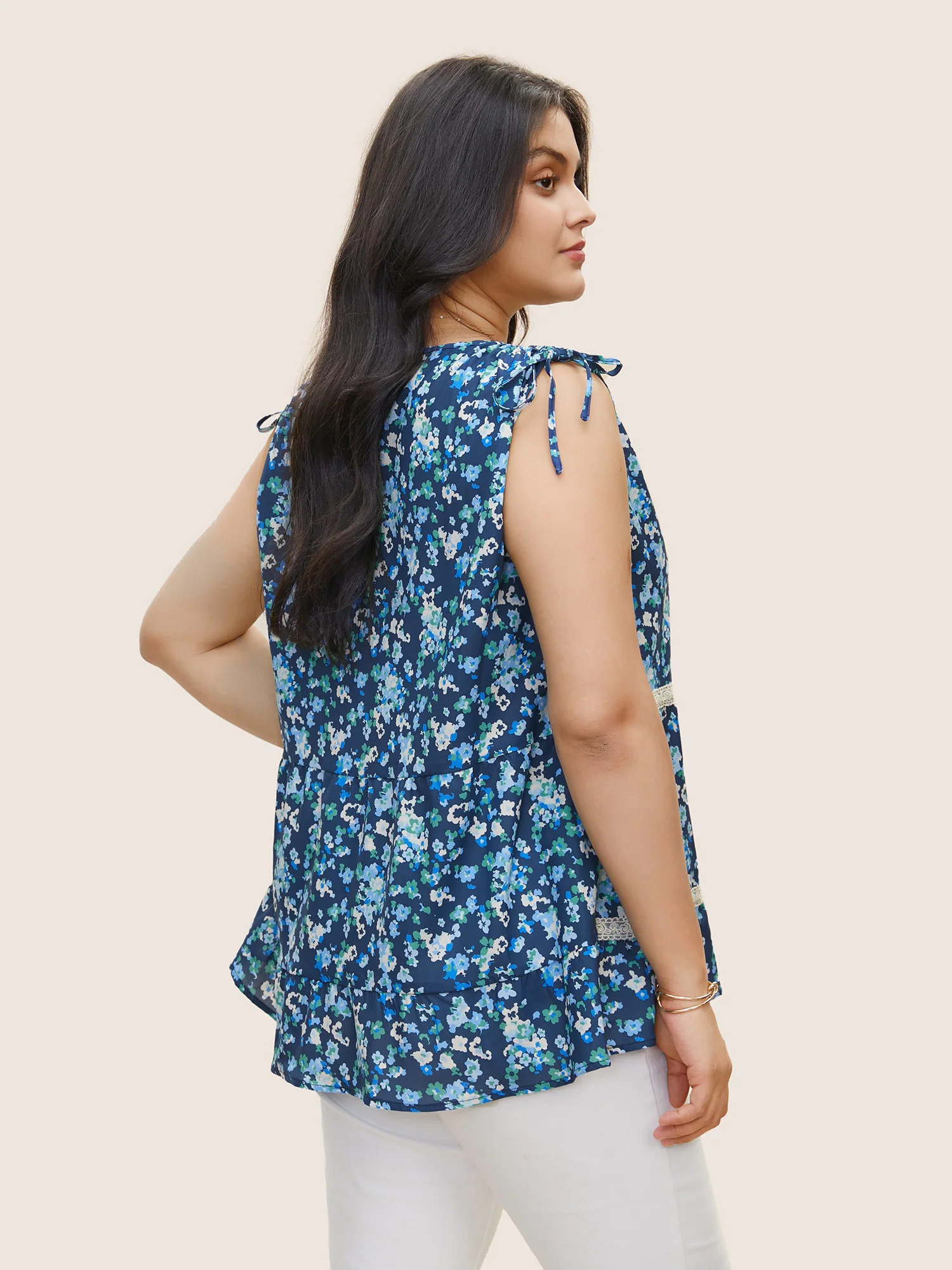 Ditsy Floral Drawstring Lace Patchwork Tank Top - Image 4