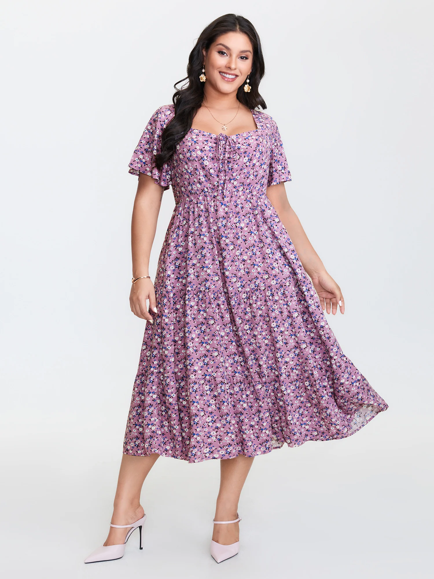 Ditsy Floral Sweetheart Drawstring Pocket Tiered Dress - Image 17