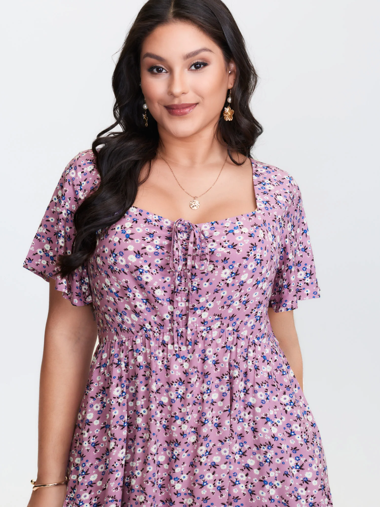 Ditsy Floral Sweetheart Drawstring Pocket Tiered Dress - Image 18