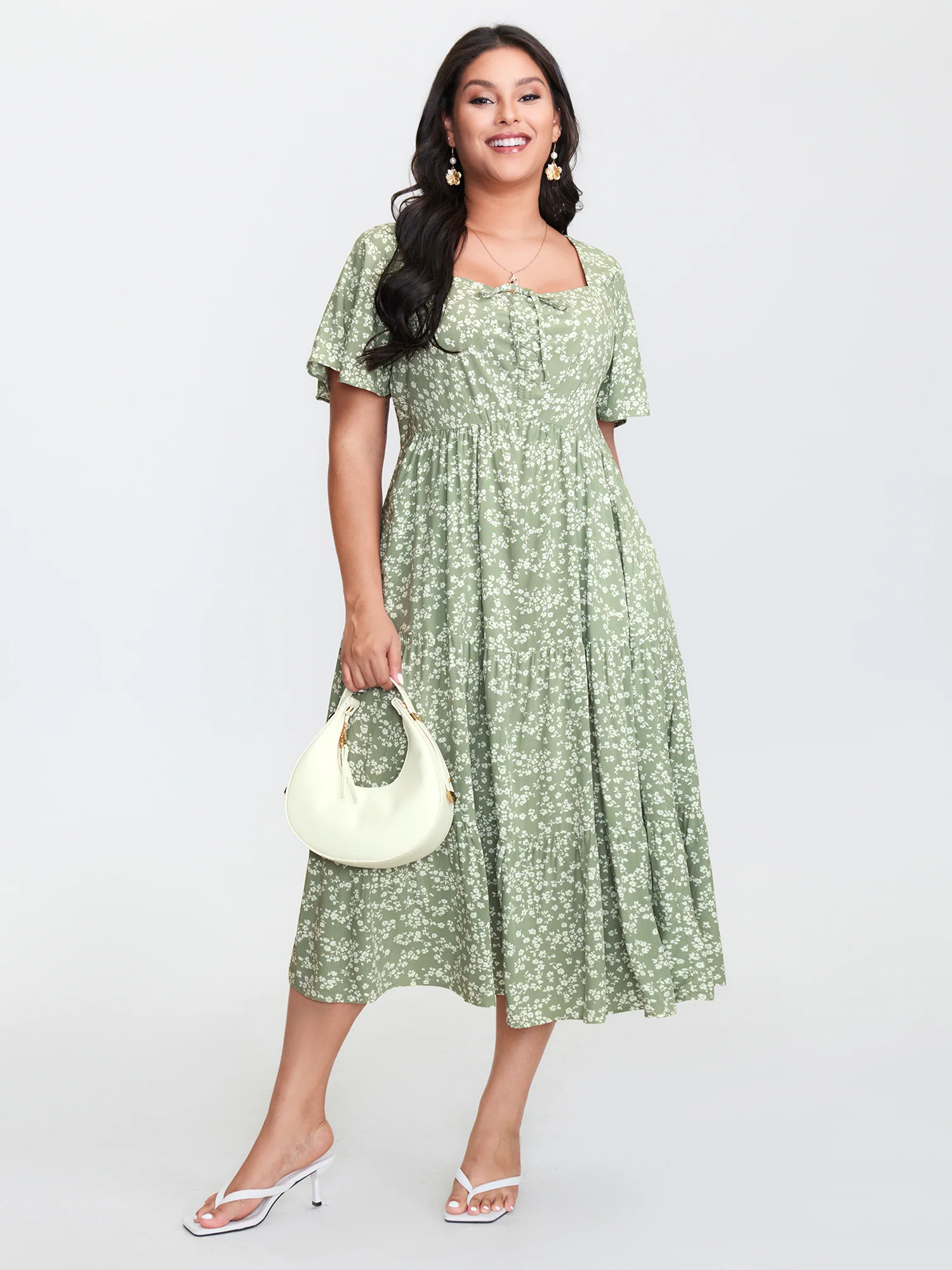 Ditsy Floral Sweetheart Drawstring Pocket Tiered Dress - Image 27