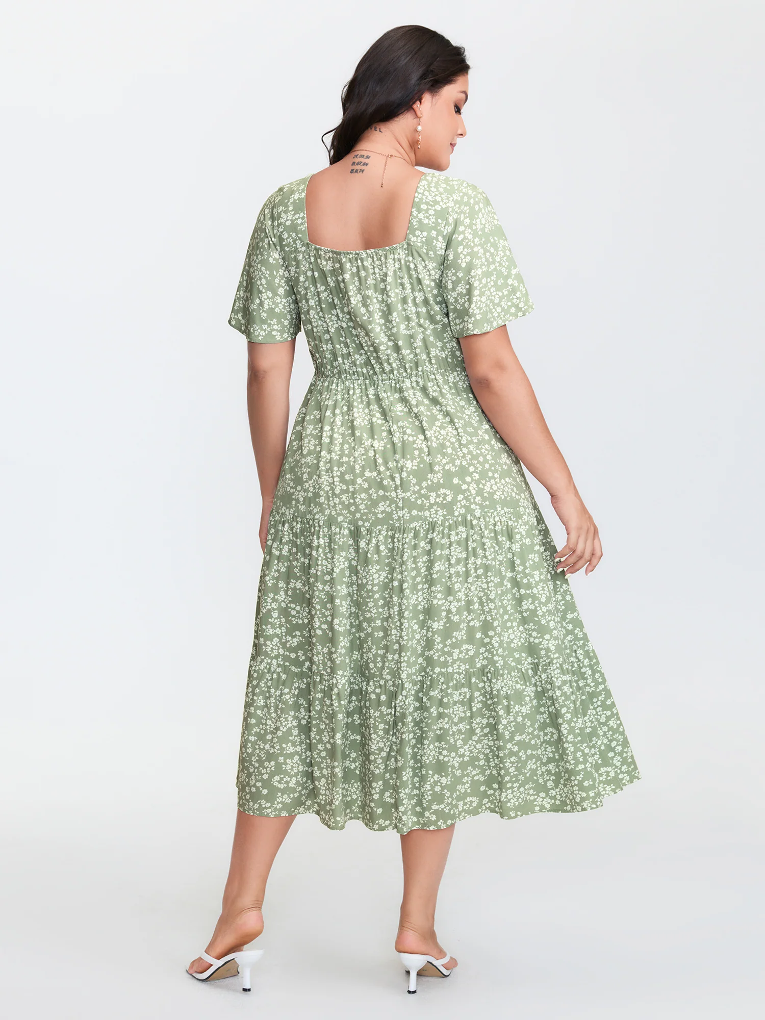 Ditsy Floral Sweetheart Drawstring Pocket Tiered Dress - Image 28