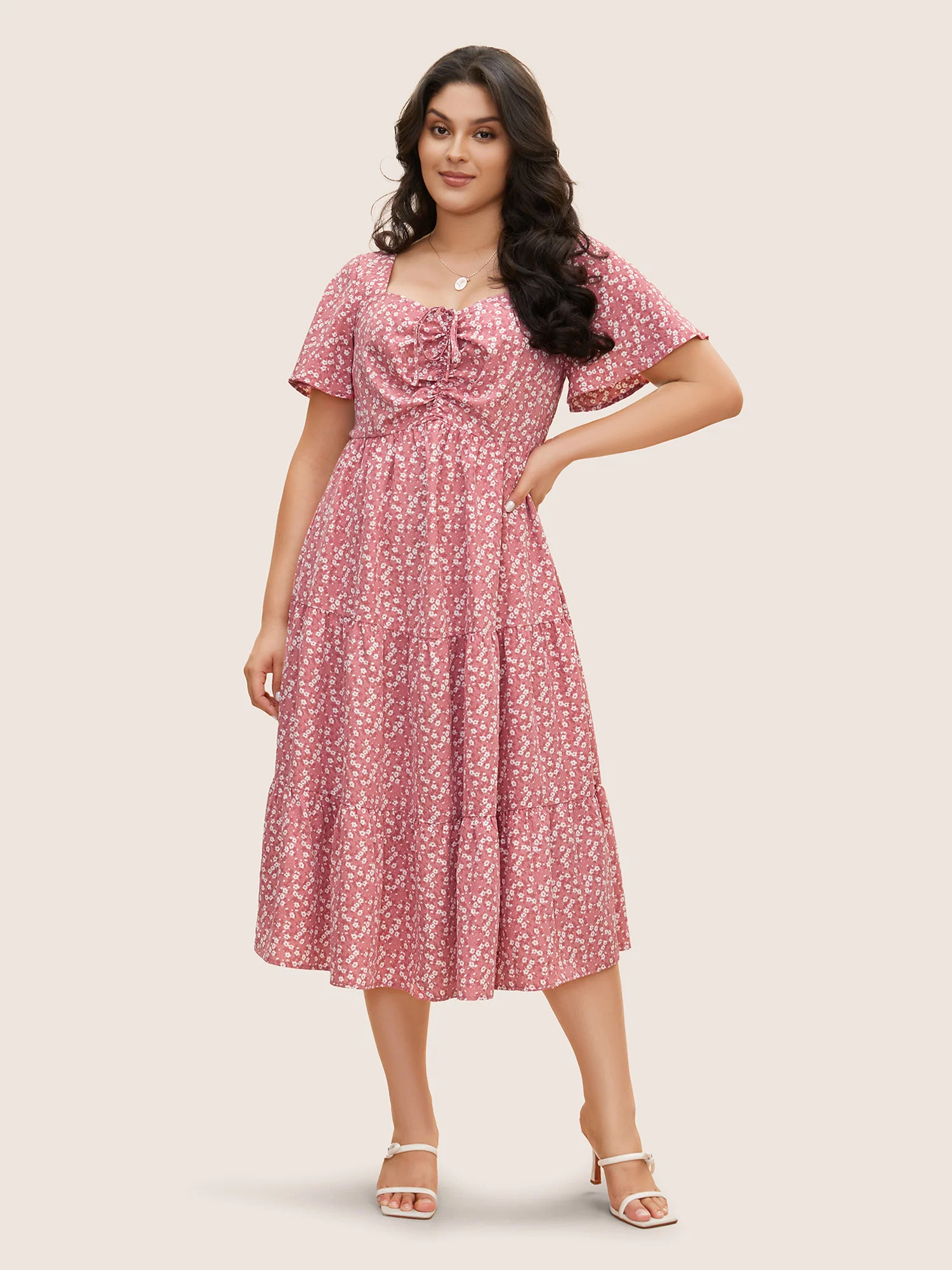 Ditsy Floral Sweetheart Drawstring Pocket Tiered Dress - Image 29