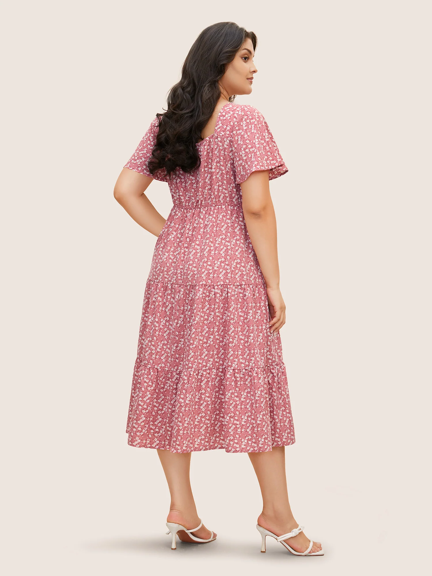 Ditsy Floral Sweetheart Drawstring Pocket Tiered Dress - Image 30