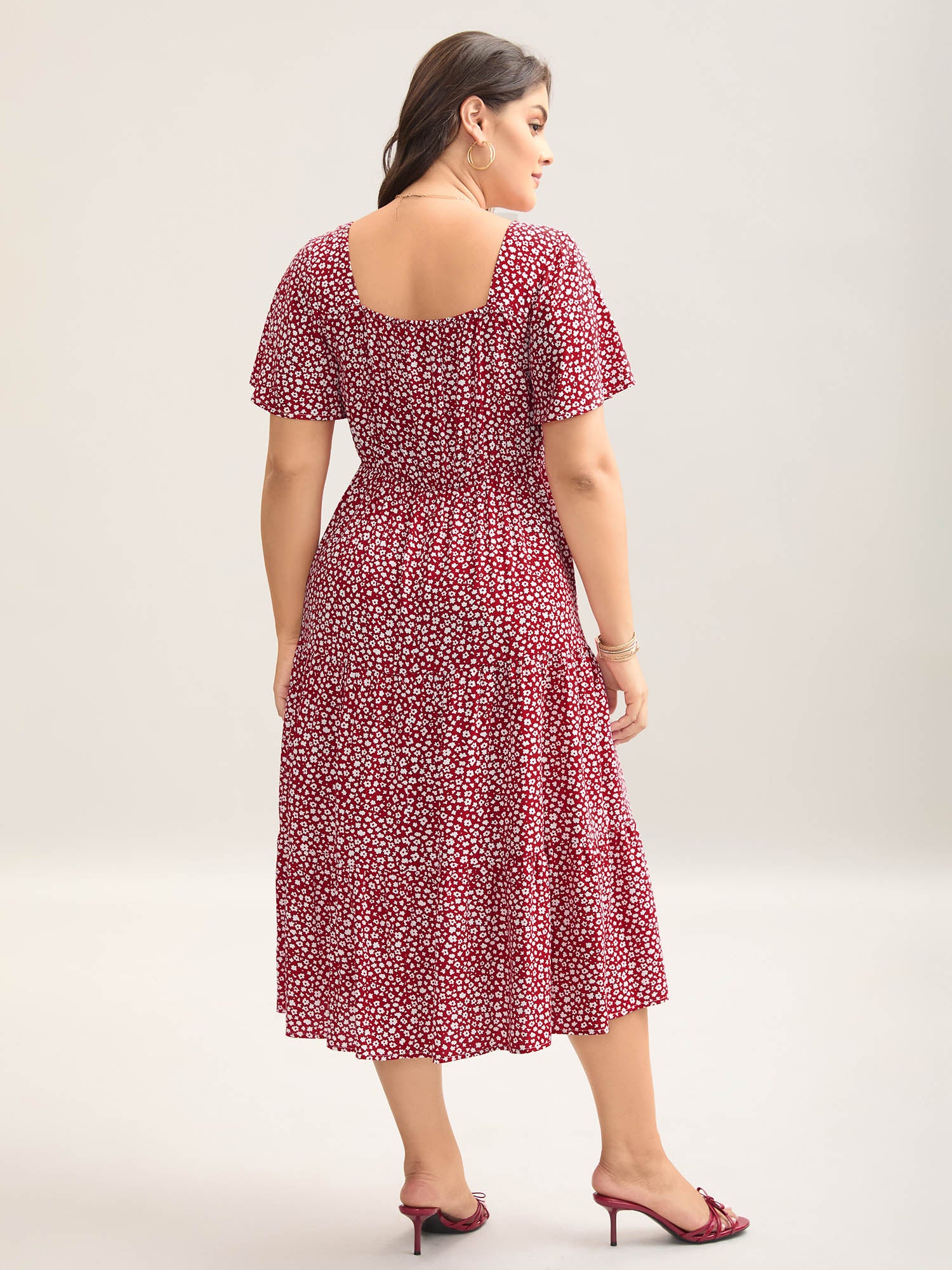 Ditsy Floral Sweetheart Drawstring Pocket Tiered Dress - Image 34