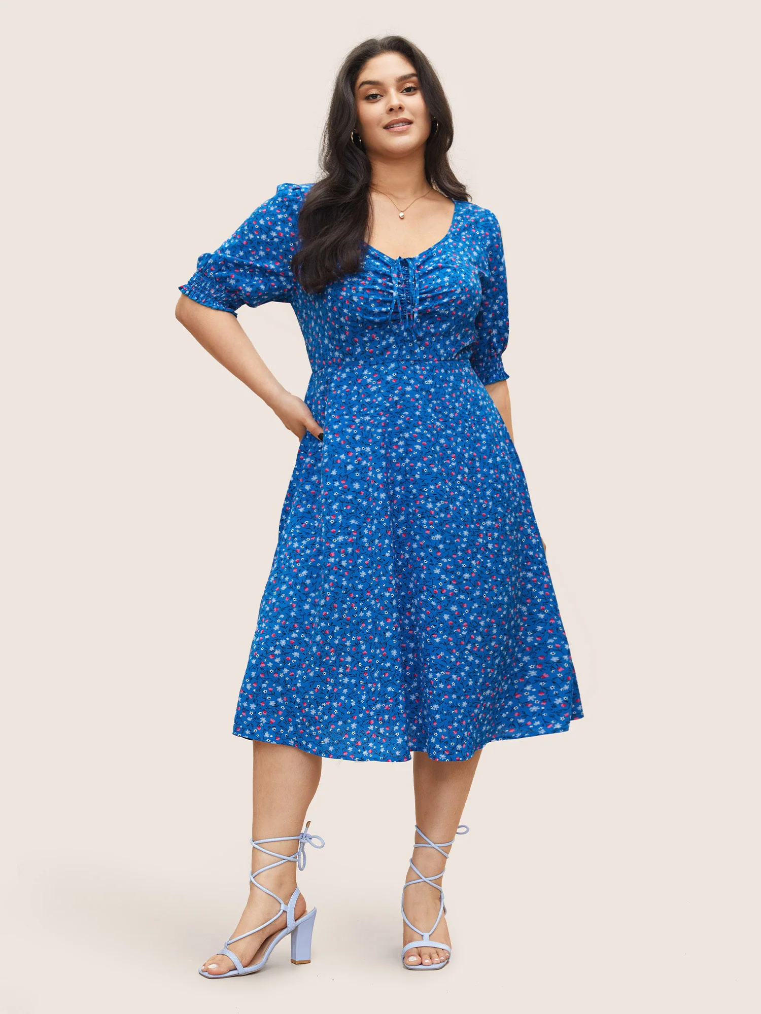 Ditsy Floral Drawstring Shirred Cuffs Dress - Image 2